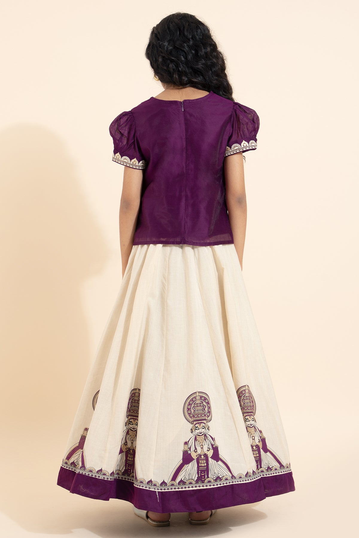 Kathakali Printed Embroidered Kids Skirtset - Burgundy & Off- White