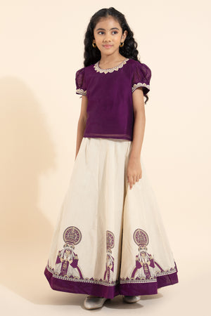 Kathakali Printed Embroidered Kids Skirtset - Burgundy & Off- White