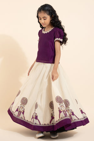 Kathakali Printed Embroidered Kids Skirtset - Burgundy & Off- White