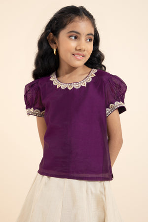 Kathakali Printed Embroidered Kids Skirtset - Burgundy & Off- White