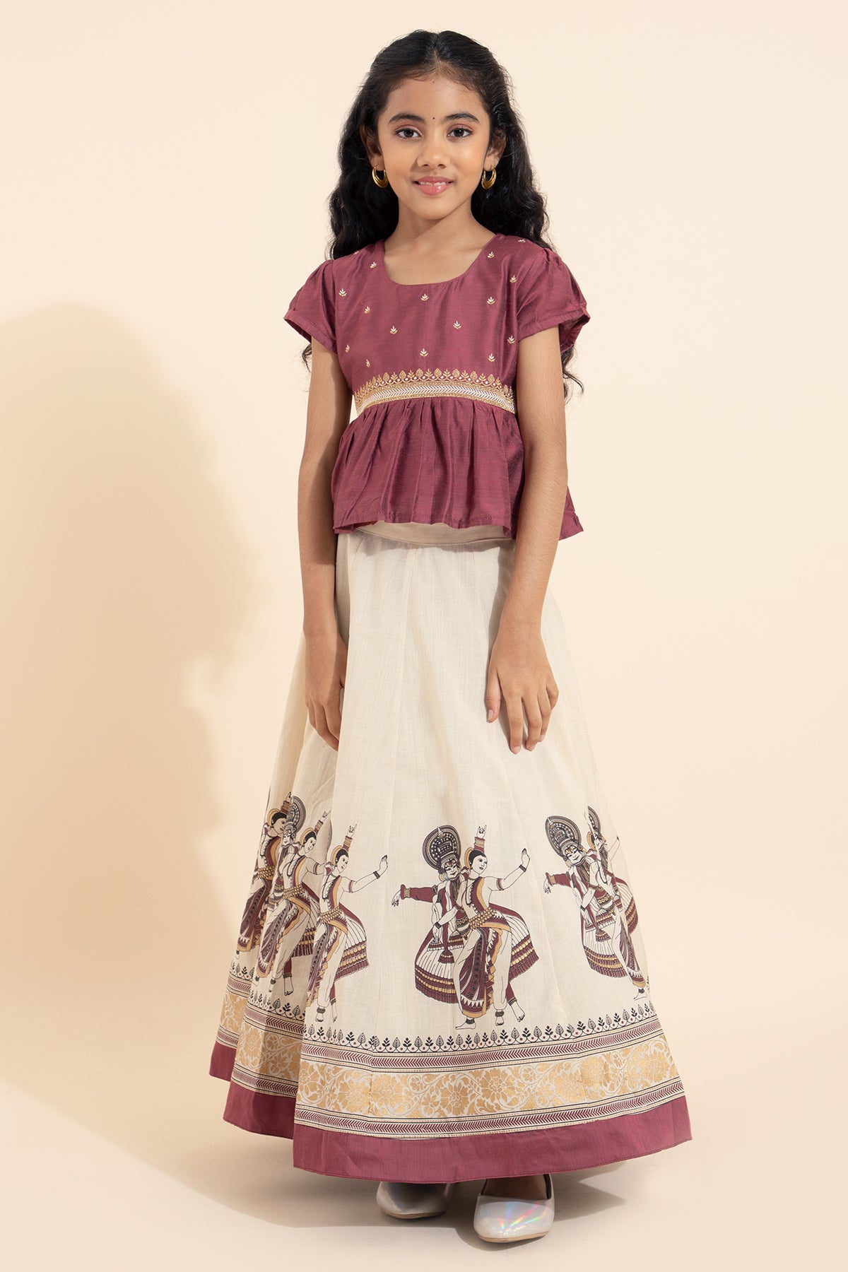 Mauve & off white mohiniyattam printed skirt set