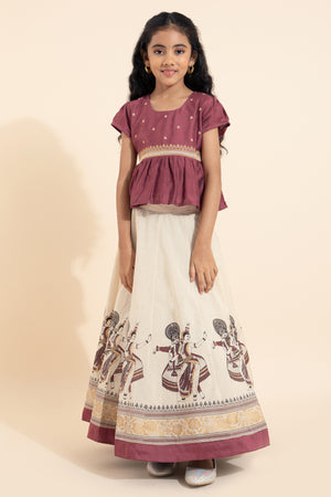 Mauve & off white mohiniyattam printed skirt set