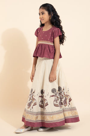 Mauve & off white mohiniyattam printed skirt set