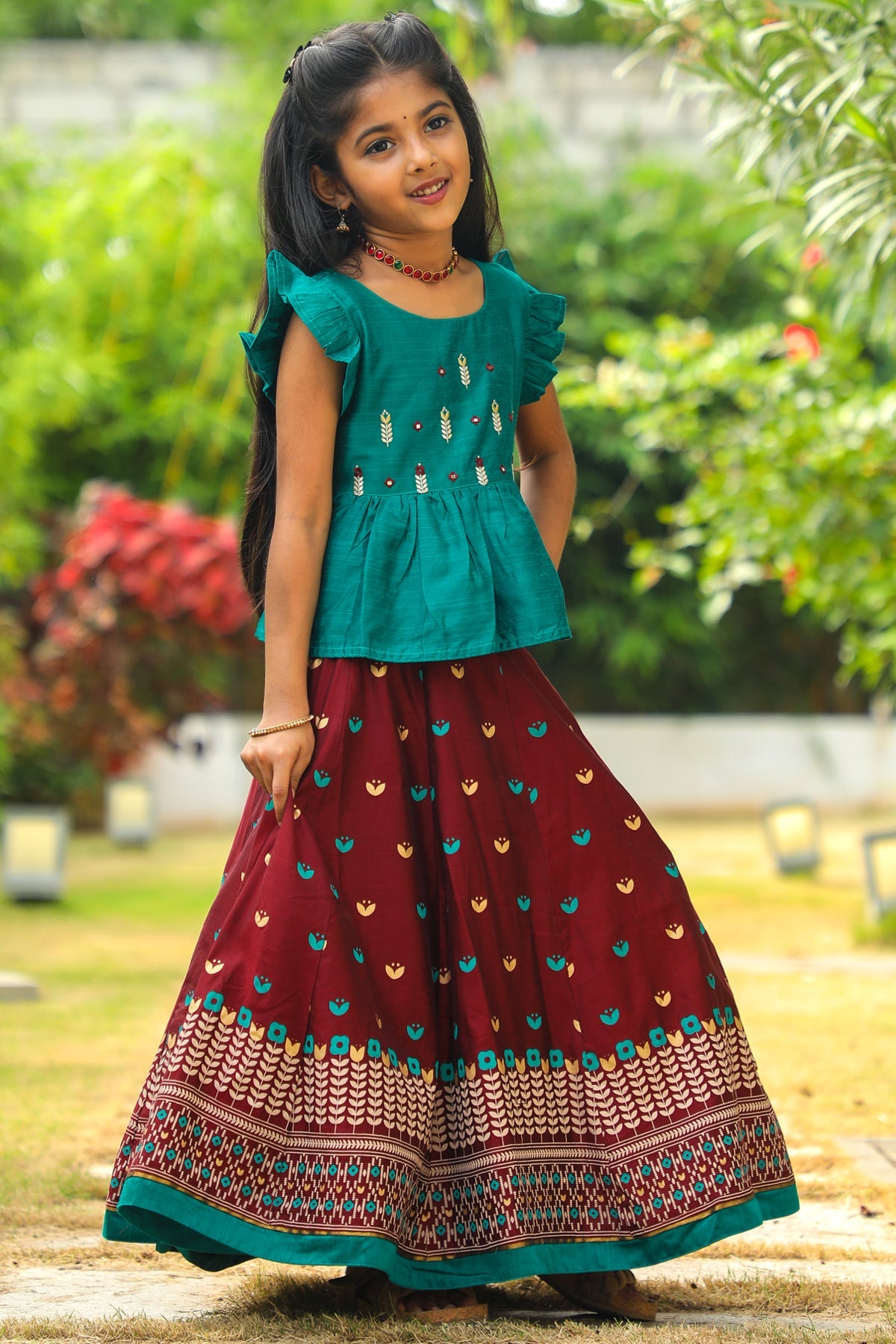 Floral Motif Embroidered Top & All Over Geometric Printed Skirt Set - Green & Maroon