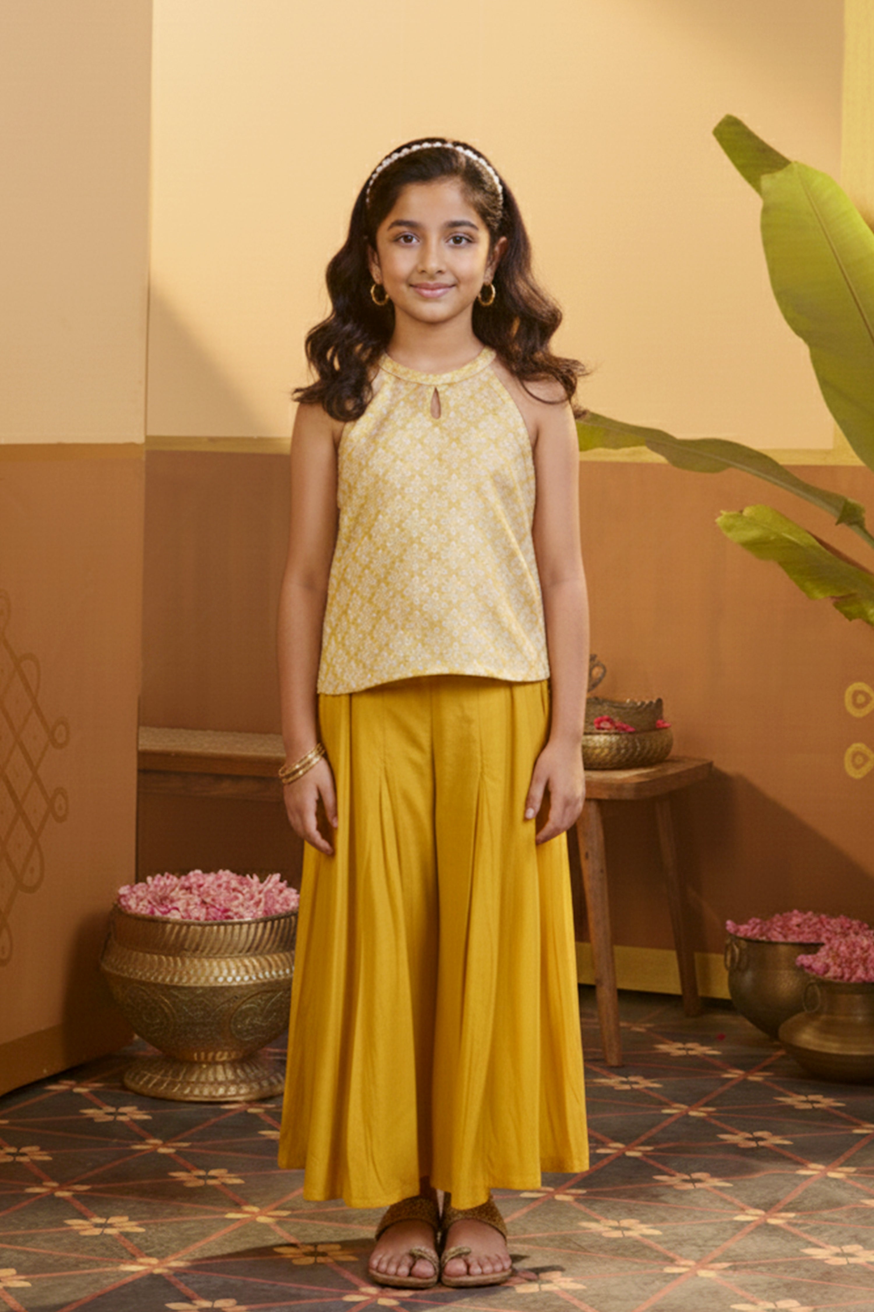 Yellow Brocade Halter Neck Kids Sharara Set