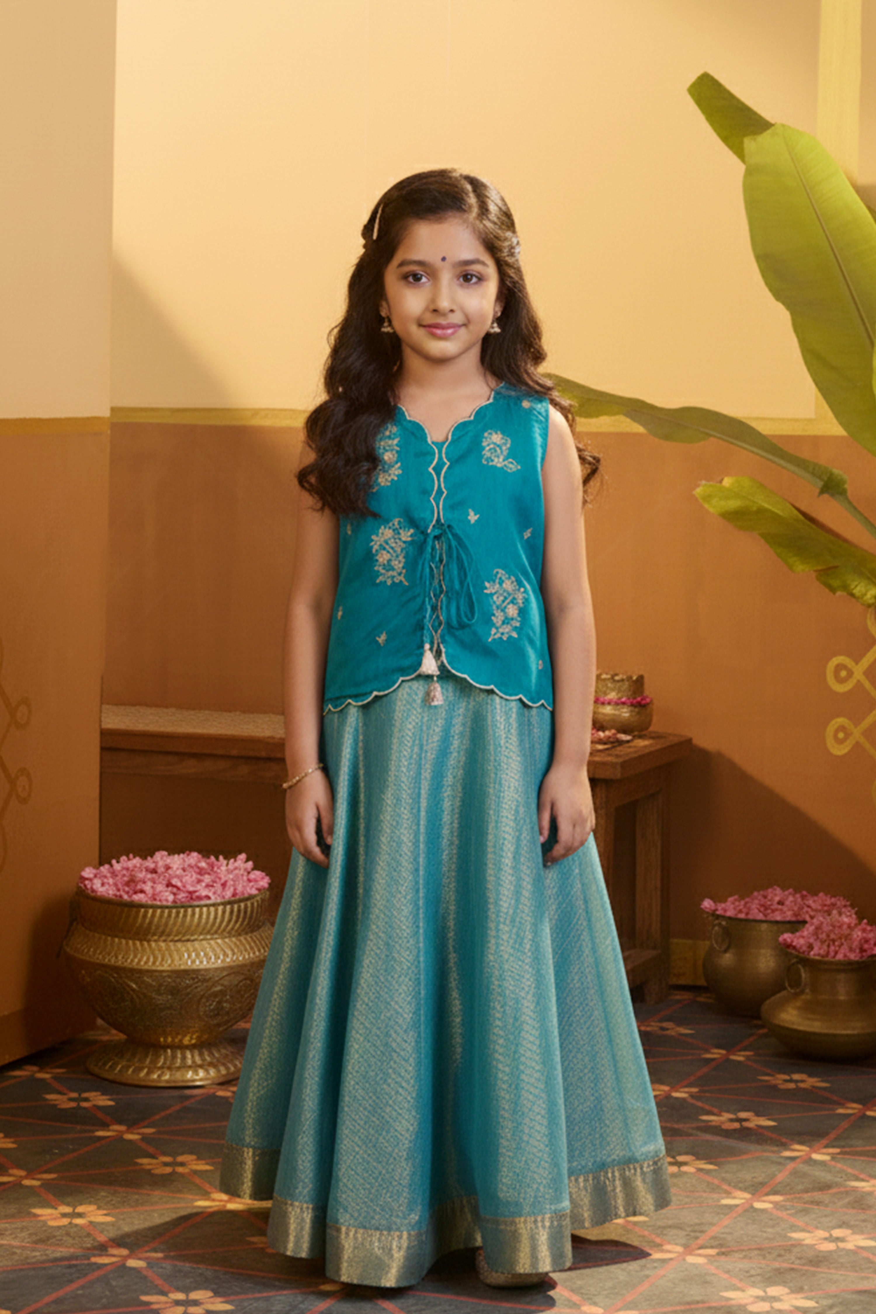 Teal Blue Scallop Hem Top with Tissue Kids SKirtset