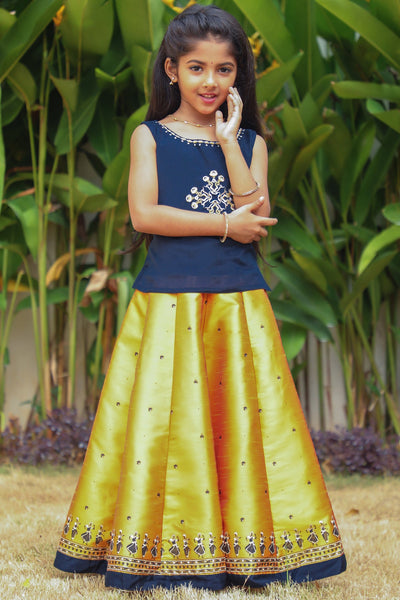 Geometric Embroidered Top & Naatiyam Motif Printed Skirt Set - Navy & Mustard