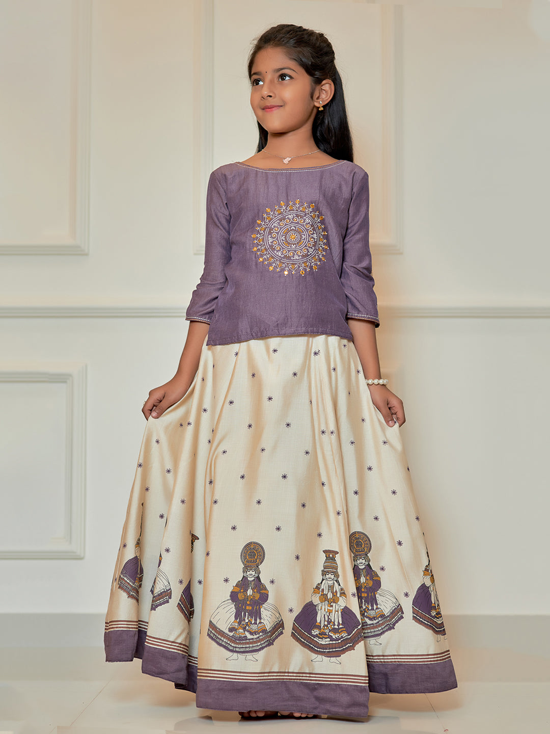 Mandala Placement Embroidered Top Kathakali Motif Printed Skirt Set Purple Off White