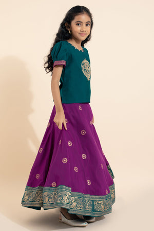 Floral Embroidered Kids Skirtset - Green & Purple
