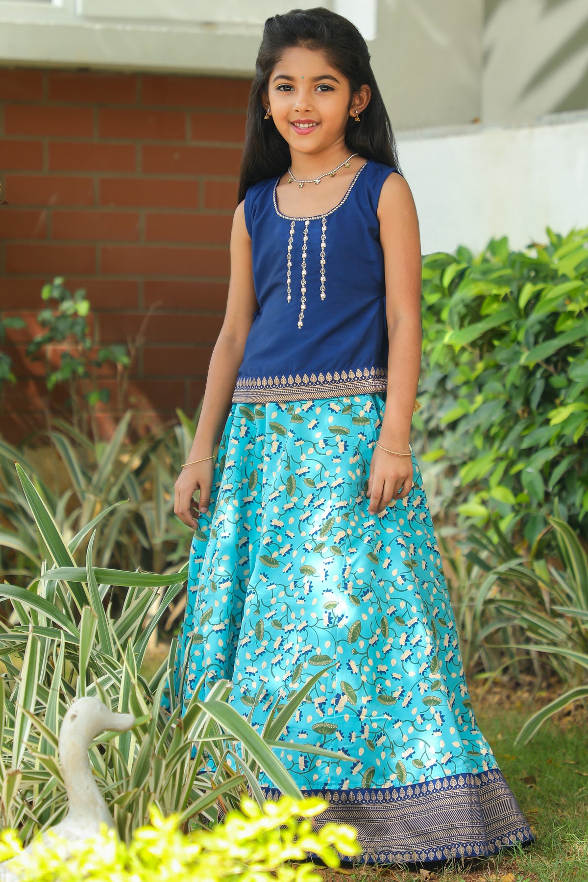 Foil Mirror Embroidered Sleeveless Top All Over Floral Printed Skirt Set Navy Blue