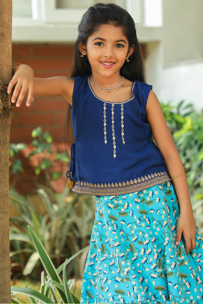 Foil Mirror Embroidered Sleeveless Top & All Over Floral Printed Skirt Set - Navy & Blue