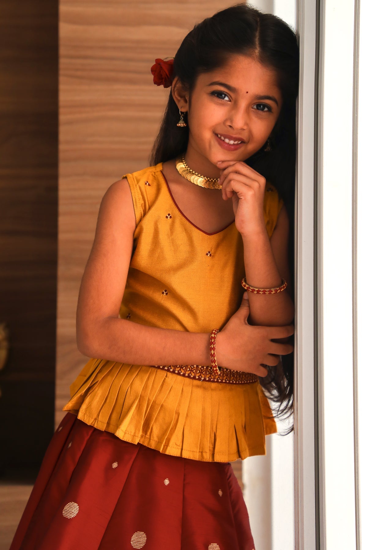 All Over Ethnic Motif Embroidered Sleeveless Top & Nandhi Motif Printed Skirt Set - Mustard & Maroon
