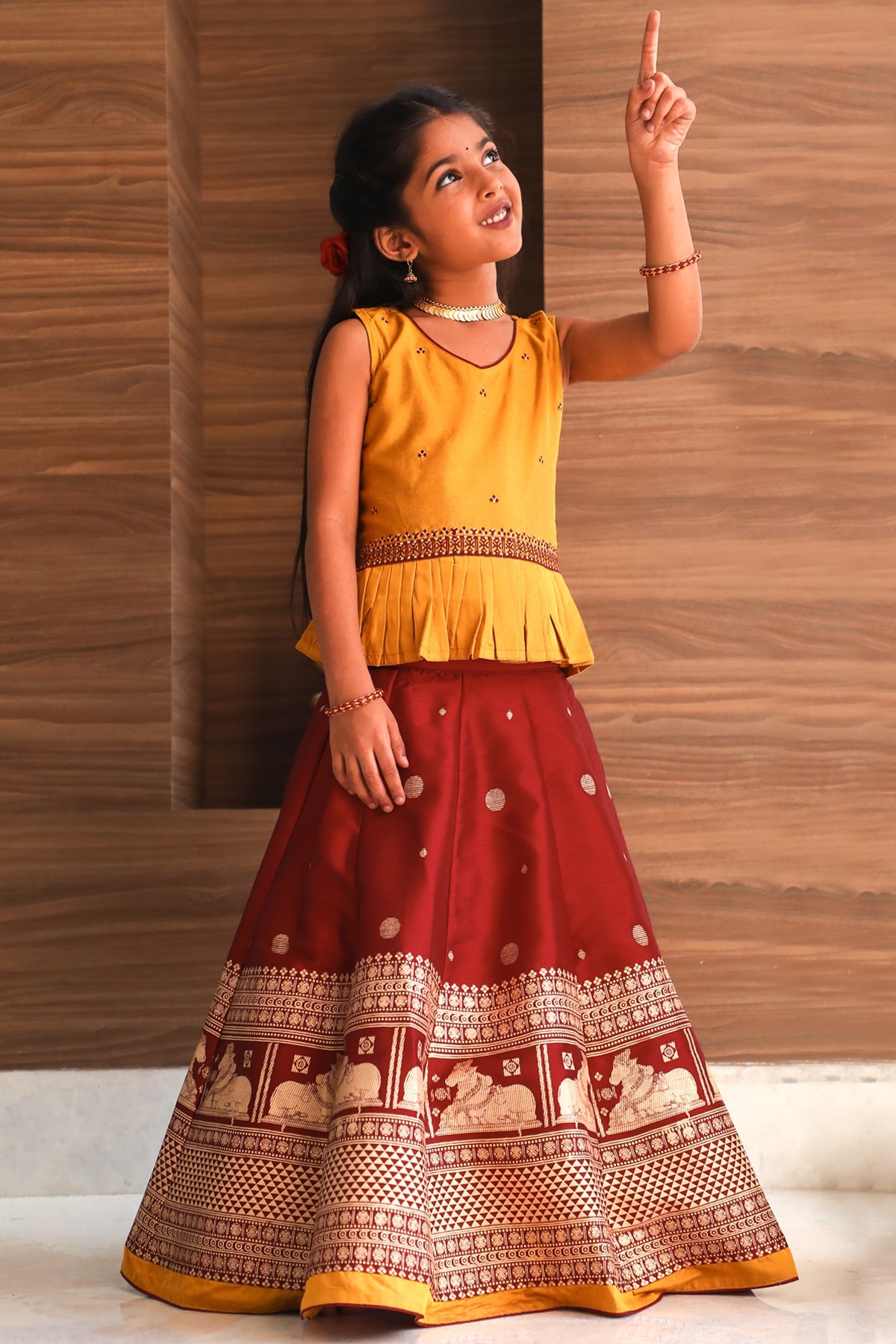 All Over Ethnic Motif Embroidered Sleeveless Top & Nandhi Motif Printed Skirt Set - Mustard & Maroon