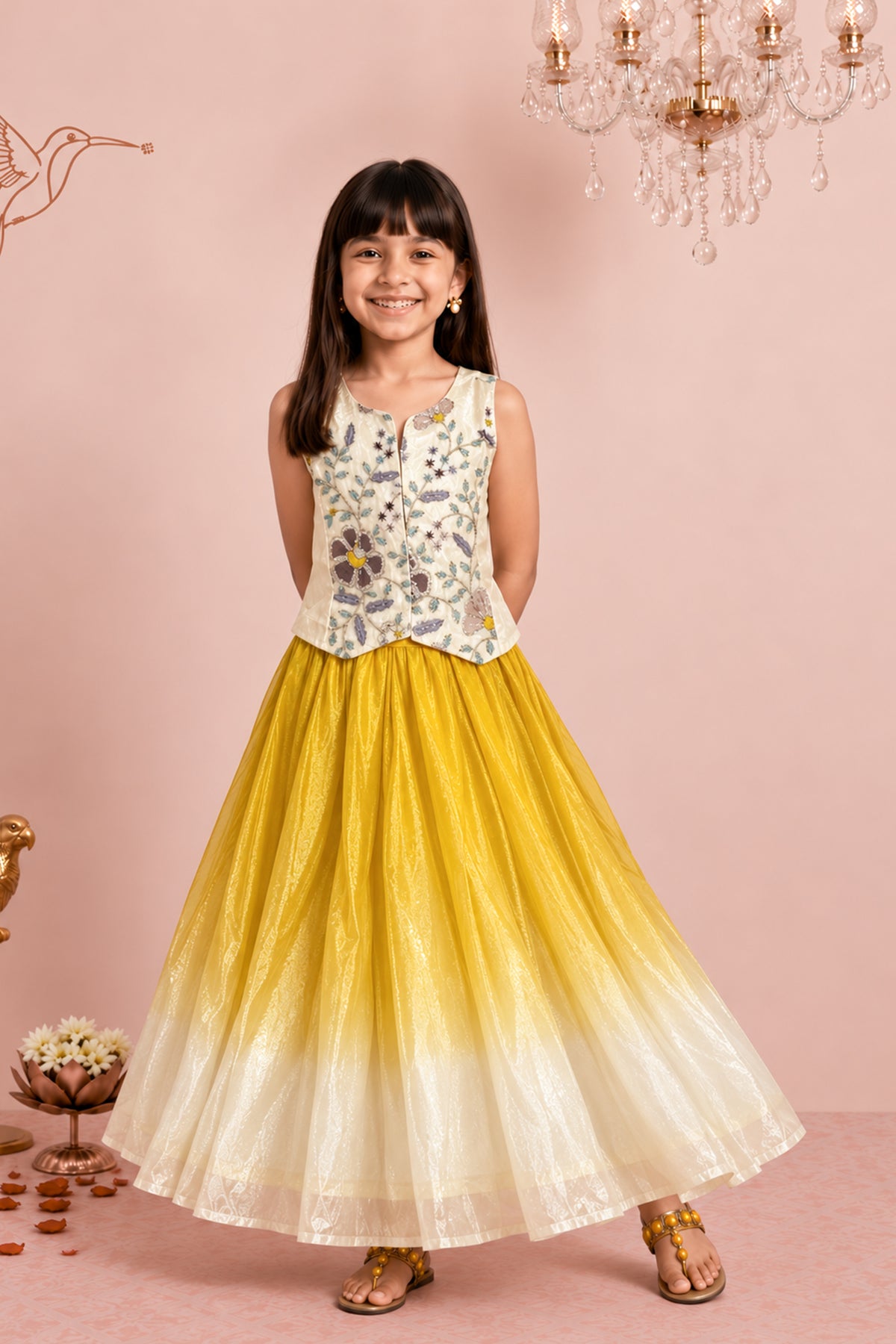 Off White Floral Embellished Circular Kids Skirt Set