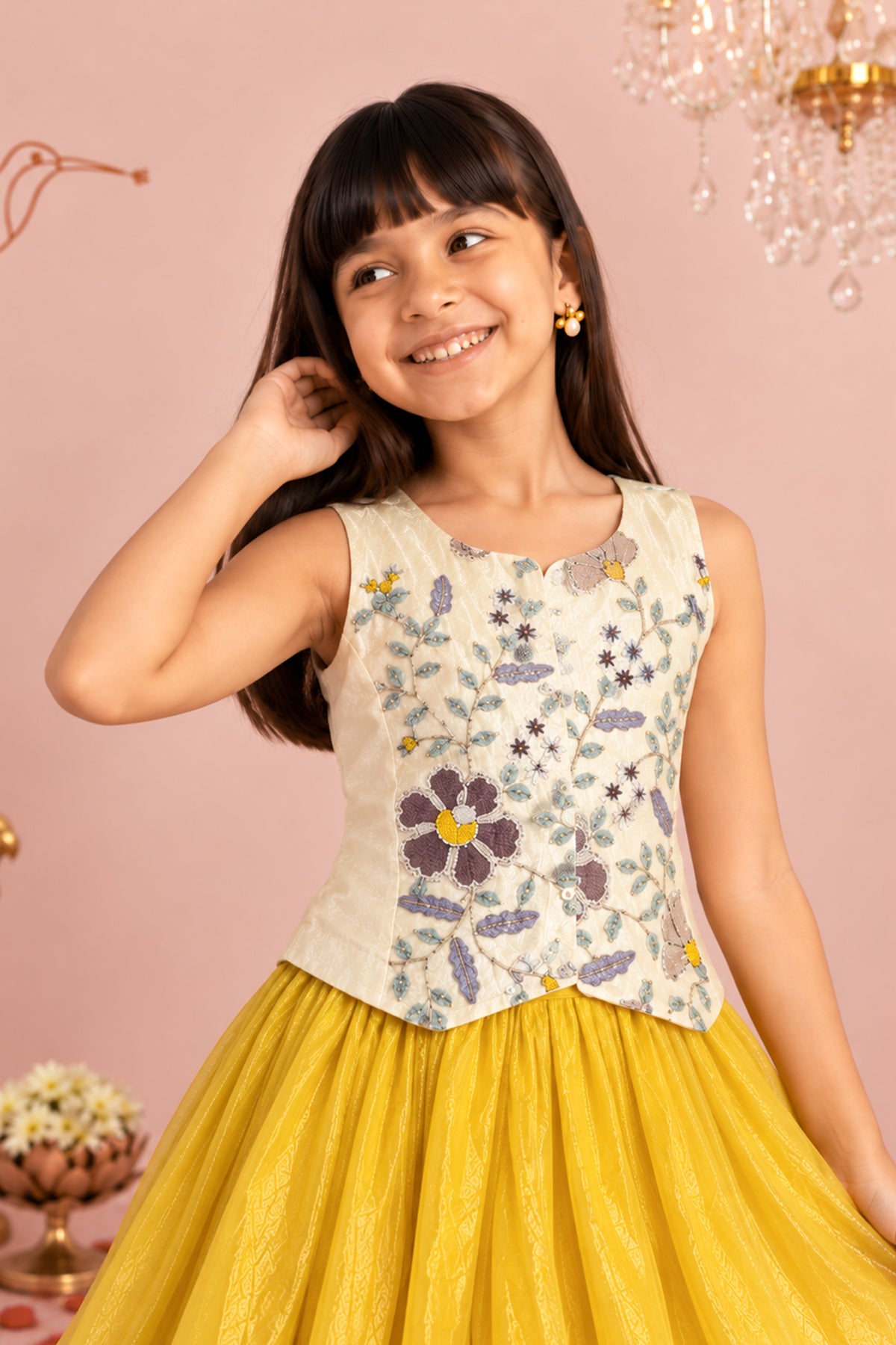 Off White Floral Embellished Circular Kids Skirt Set