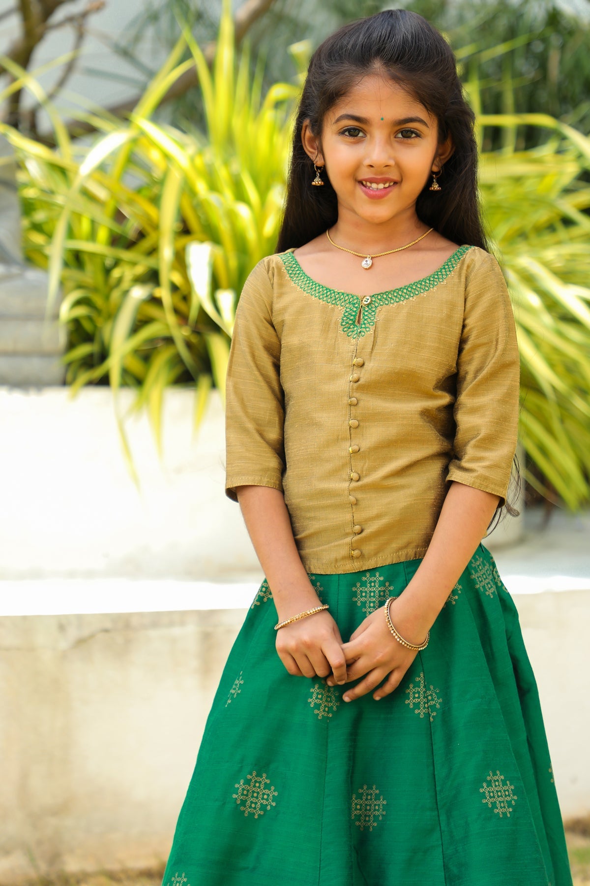Kolam Motif Embroidered Top & Kolam Motif Printed Skirt Set - Beige & Green