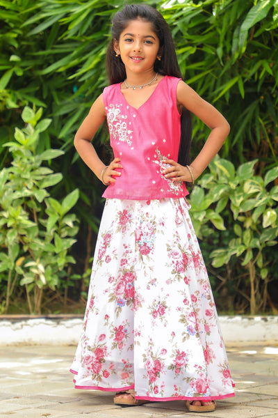 Floral Embroidered Sleeveless Top & All Over Vintage Floral Printed Skirt Set - Pink & White