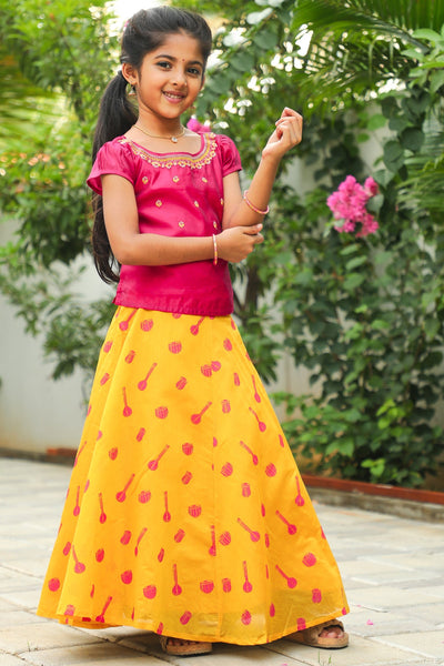 Ethnic Floral Embroidered Top & Raagha Motif Printed Skirt Set - Pink & Yellow