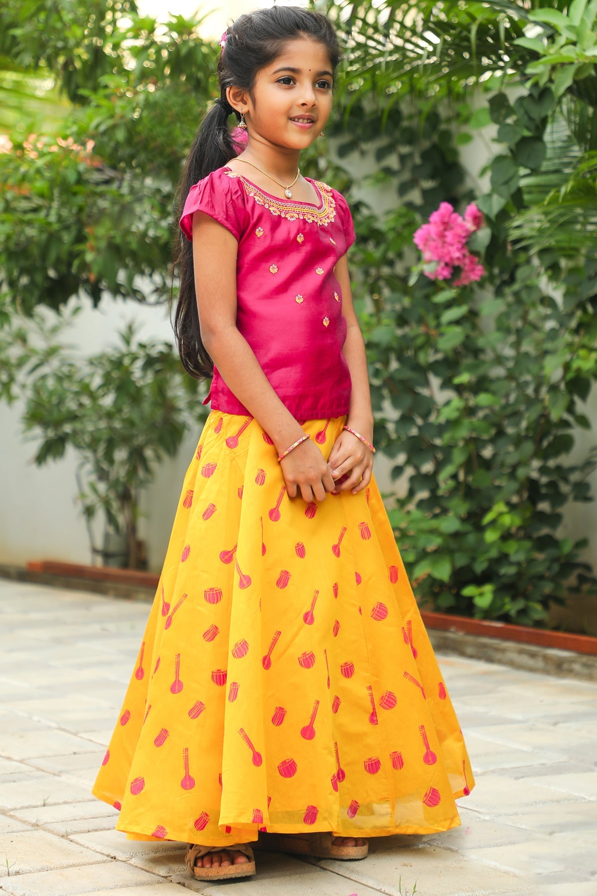 Ethnic Floral Embroidered Top & Raagha Motif Printed Skirt Set - Pink & Yellow