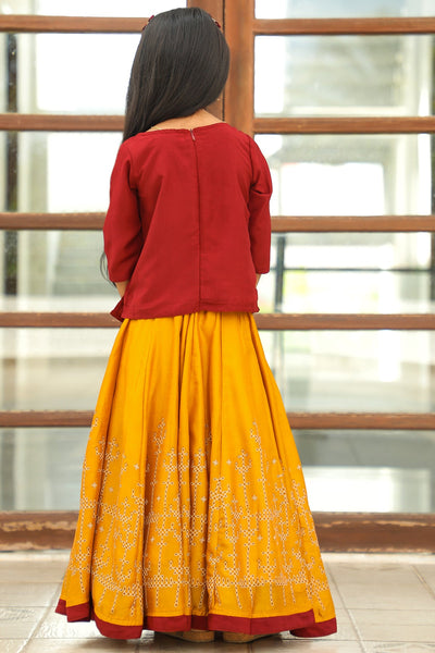 Ethnic Kolam Motif Embroidered Top & All Over Kolam Printed Skirt Set - Maroon & Mustard