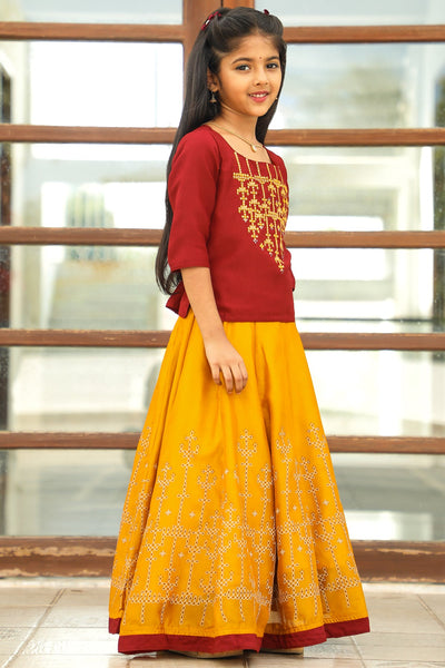 Ethnic Kolam Motif Embroidered Top All Over Kolam Printed Skirt Set Maroon Mustard