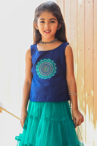 Feather Motif Embroidered Sleeveless Top &Solid Netted Tiered Skirt Set - Navy & Blue