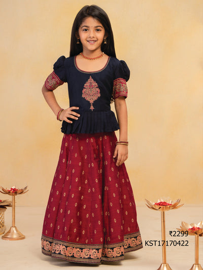 Damask Placement Embroidered Top Printed Skirt Set Navy Pink