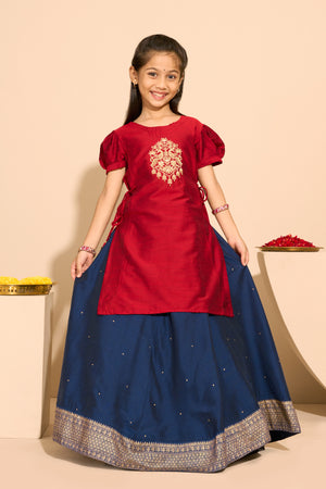 Peacock Embroidered Kids SKirt set with Side Tie-up - Red & Blue
