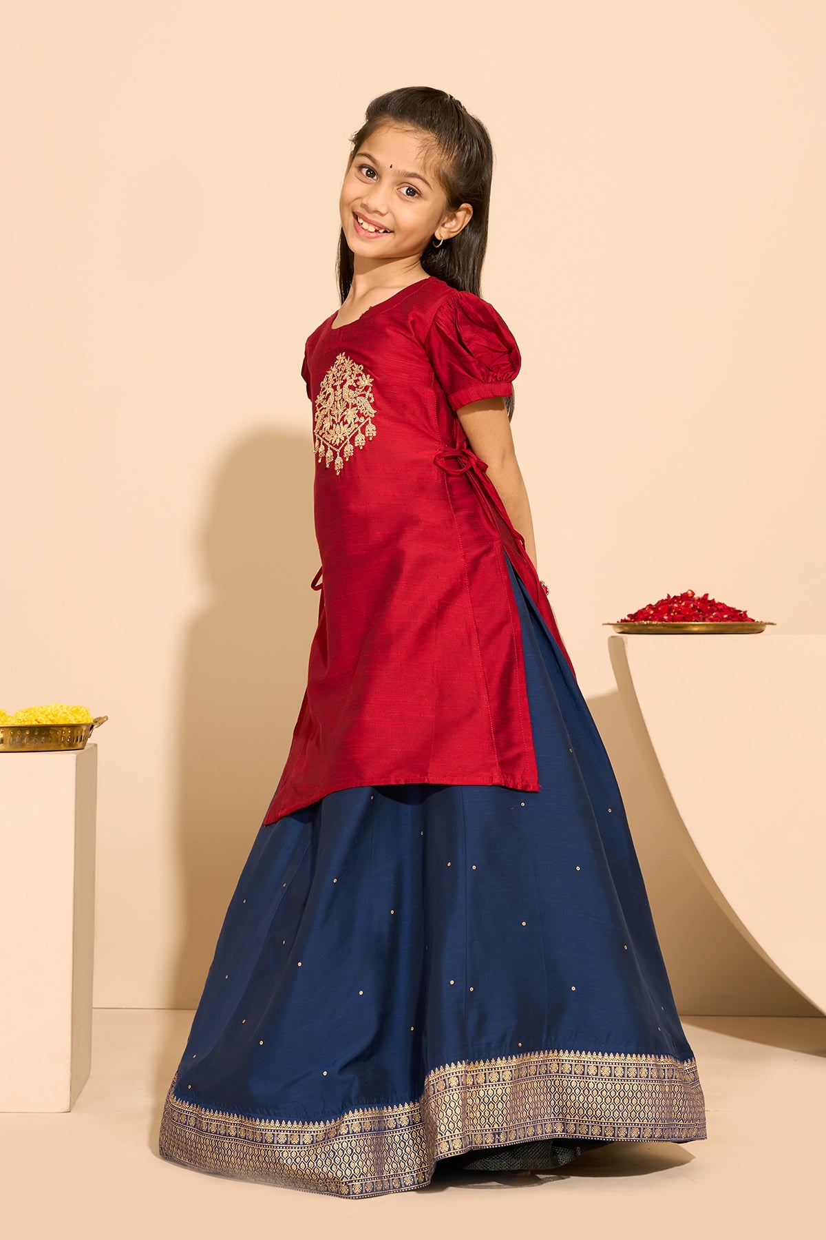 Peacock Embroidered Kids SKirt set with Side Tie-up - Red & Blue
