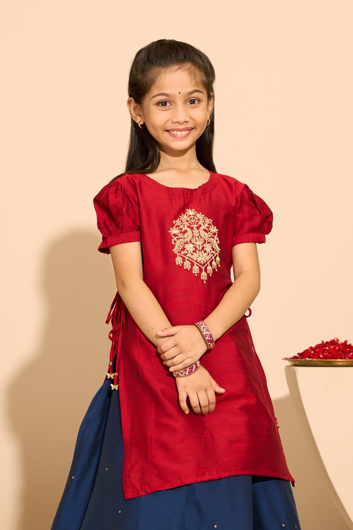 Peacock Embroidered Kids SKirt set with Side Tie-up - Red & Blue
