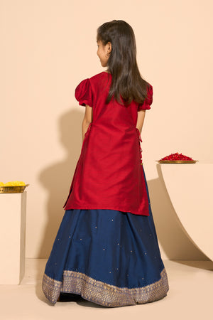 Peacock Embroidered Kids SKirt set with Side Tie-up - Red & Blue
