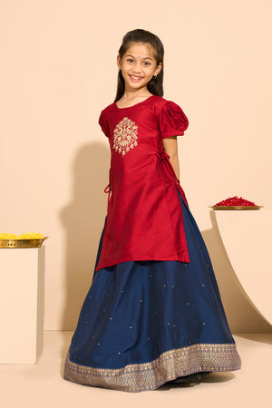 Peacock Embroidered Kids SKirt set with Side Tie-up - Red & Blue