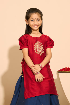 Peacock Embroidered Kids SKirt set with Side Tie-up - Red & Blue