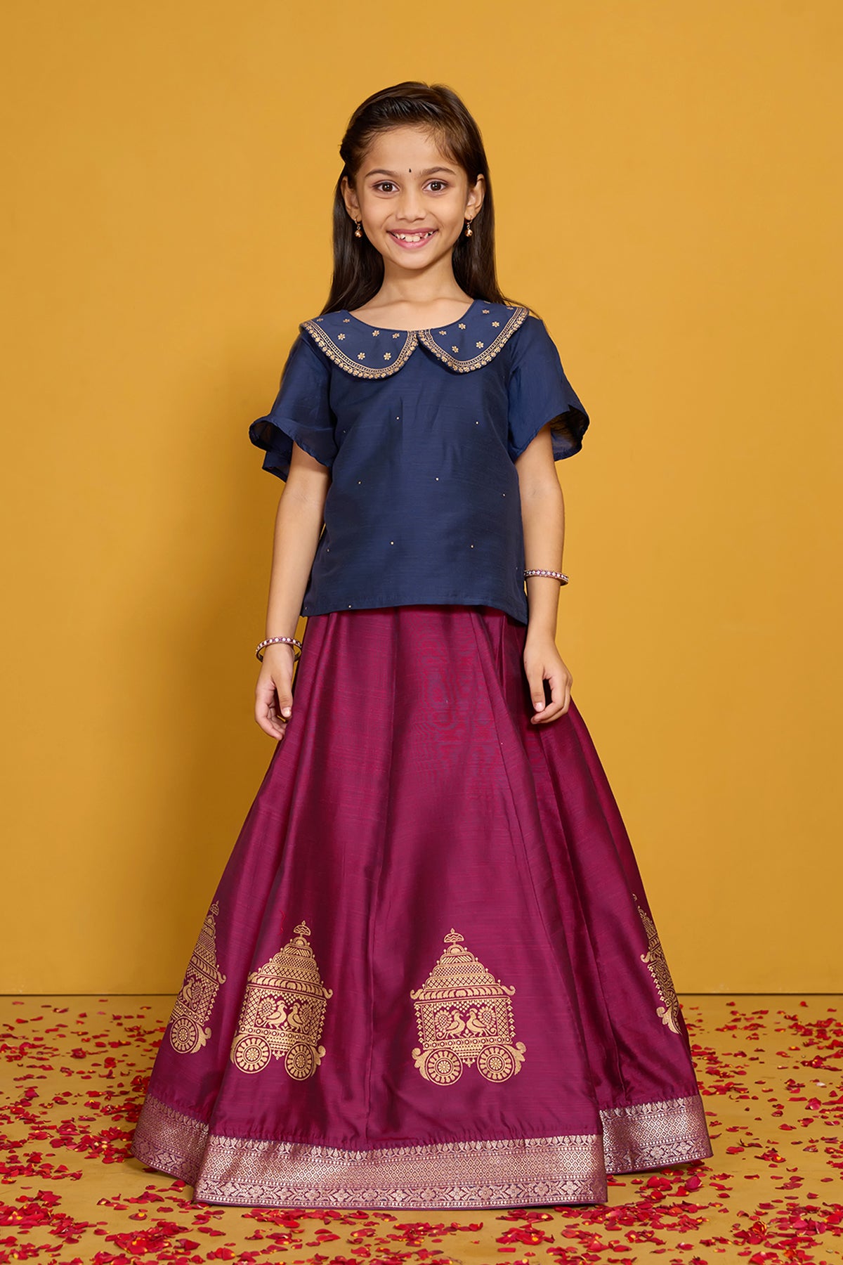 Chariot Printed Kids Skirt set - Blue & Magenta
