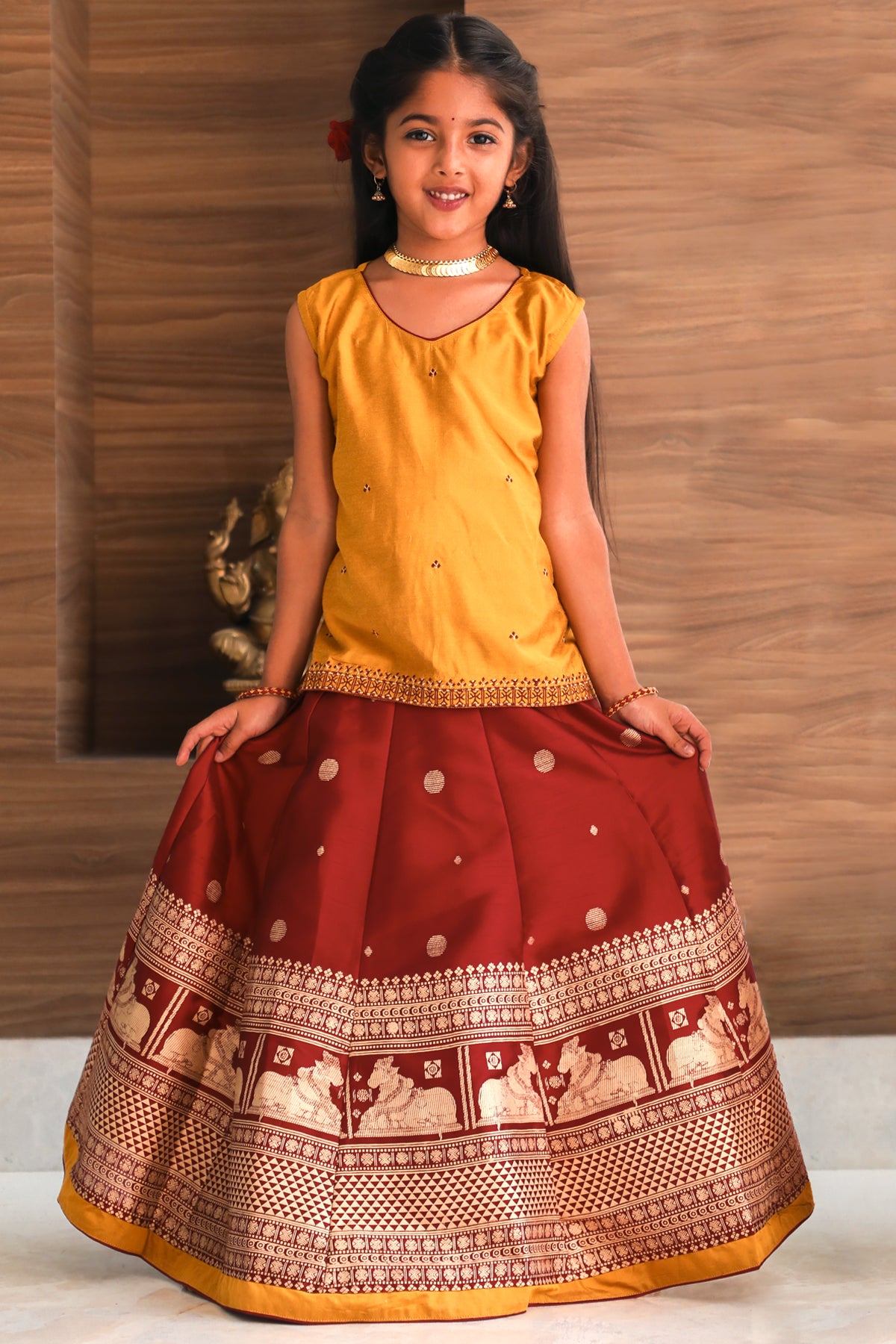 All Over Ethnic Motif Embroidered Sleeveless Top Nandhi Motif Printed Skirt Set Mustard Maroon