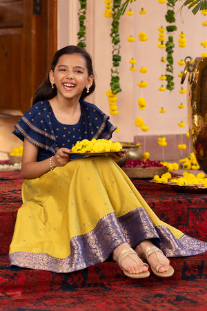 Floral Embroidered Kids Skirt set with Border - Blue & Yellow
