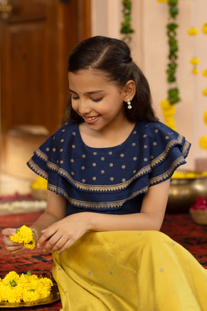 Floral Embroidered Kids Skirt set with Border - Blue & Yellow
