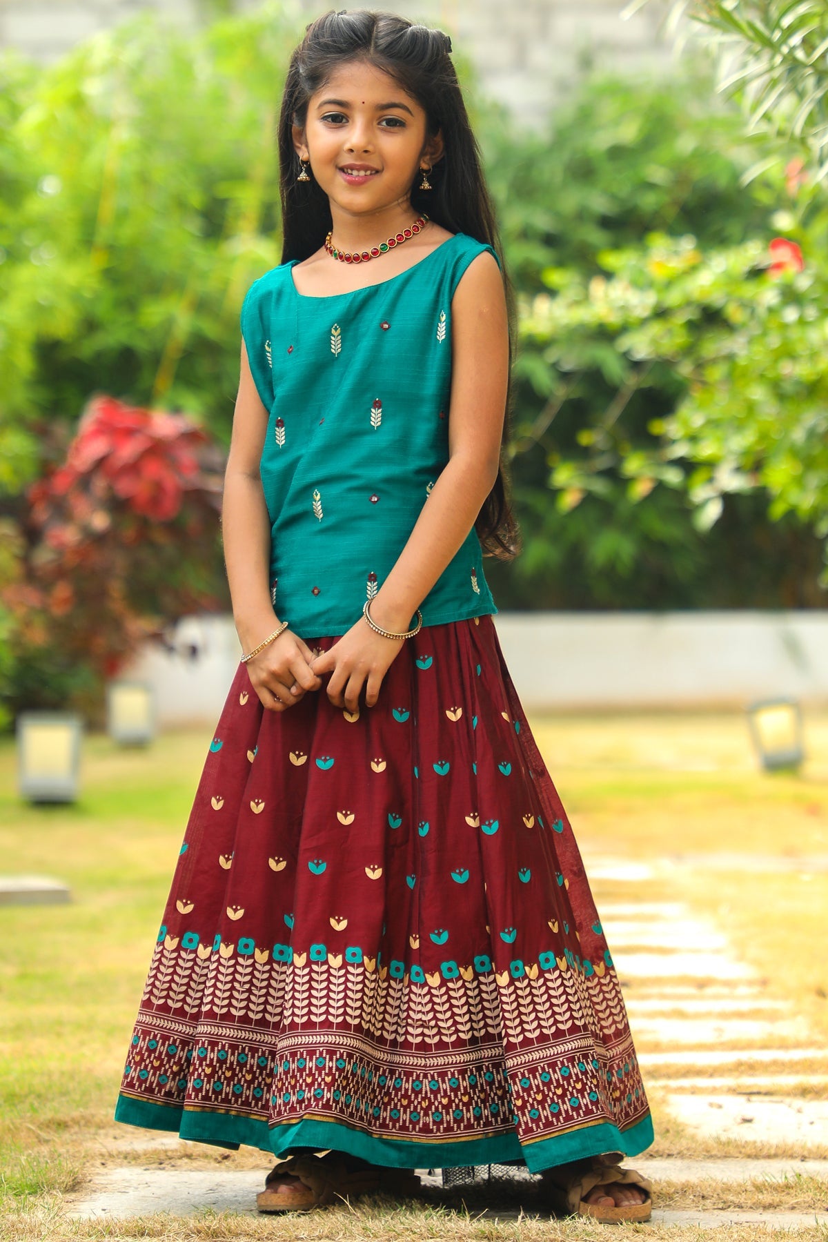 Floral Motif Embroidered Top All Over Geometric Printed Skirt Set Green Maroon