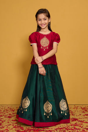 Peacock Embroidered Kids Skirt set - Red & Green