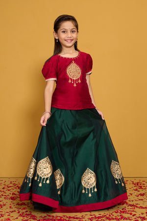 Peacock Embroidered Kids Skirt set - Red & Green
