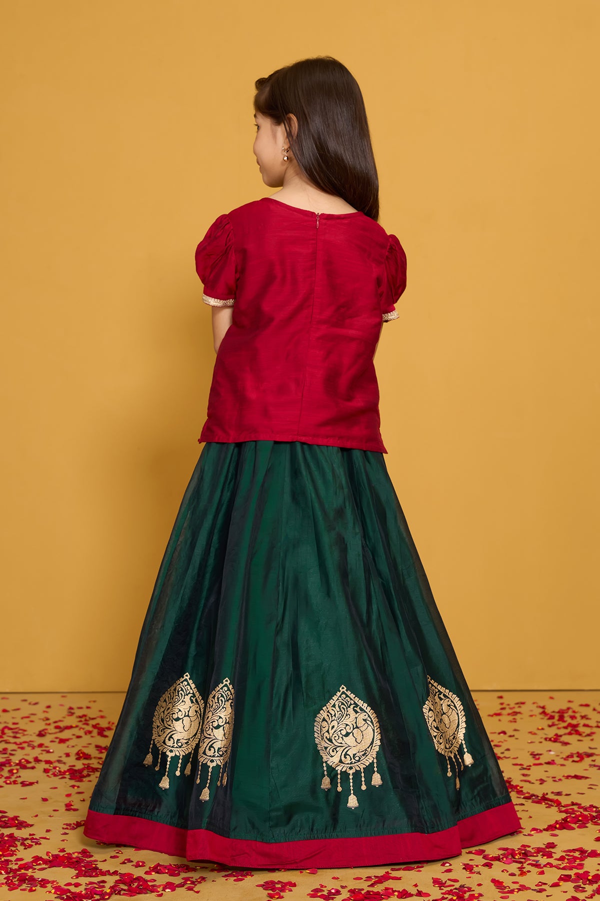 Peacock Embroidered Kids Skirt set - Red & Green
