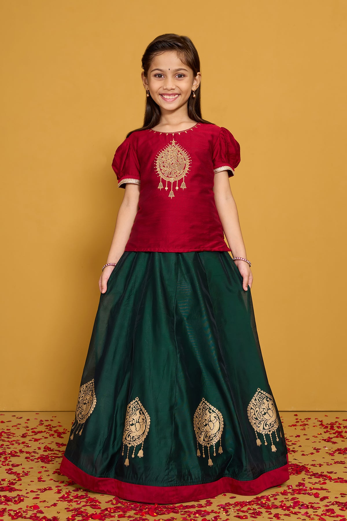 Peacock Embroidered Kids Skirt set - Red & Green