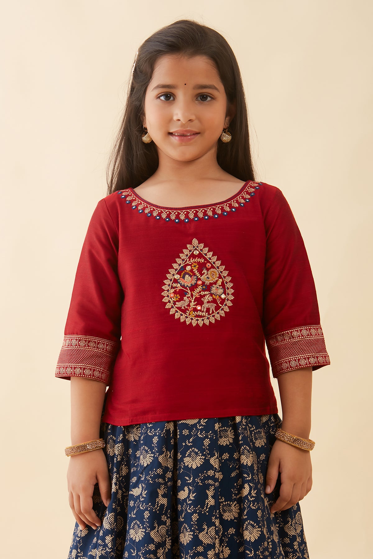 Peacock Deer Embroidered Printed Kids Skirt Set Red Navy