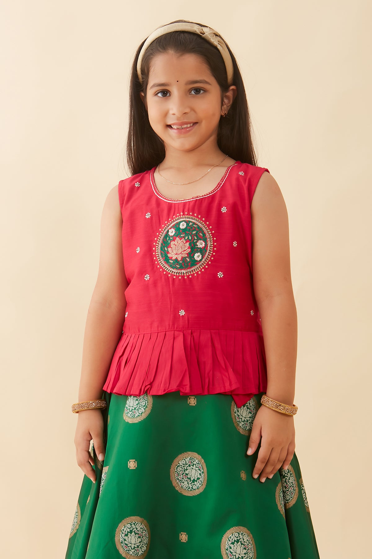 Contemporary Lotus Embroidered Printed Kids Skirt Set Pink Green