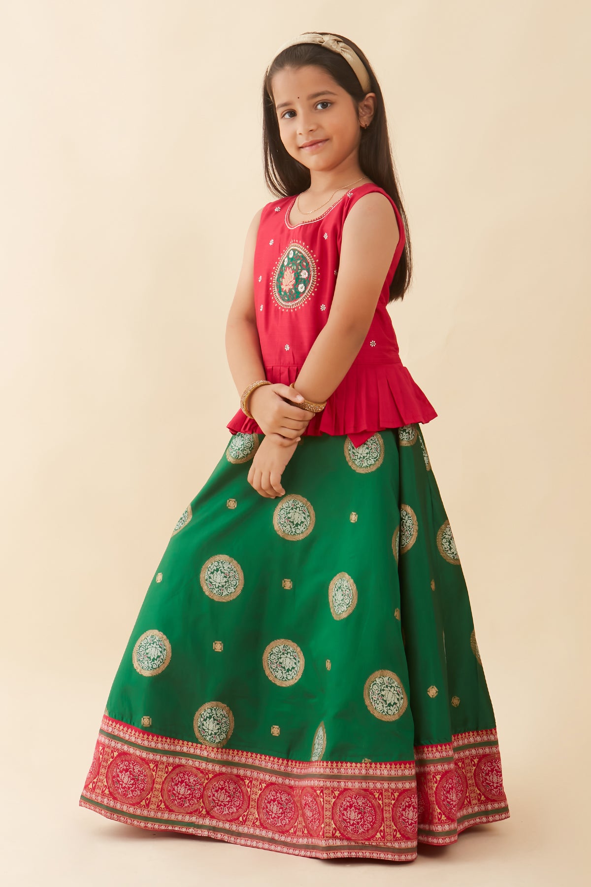 Contemporary Lotus Embroidered Printed Kids Skirt Set Pink Green