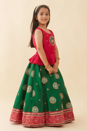 Contemporary Lotus Embroidered Printed Kids Skirt Set Pink Green