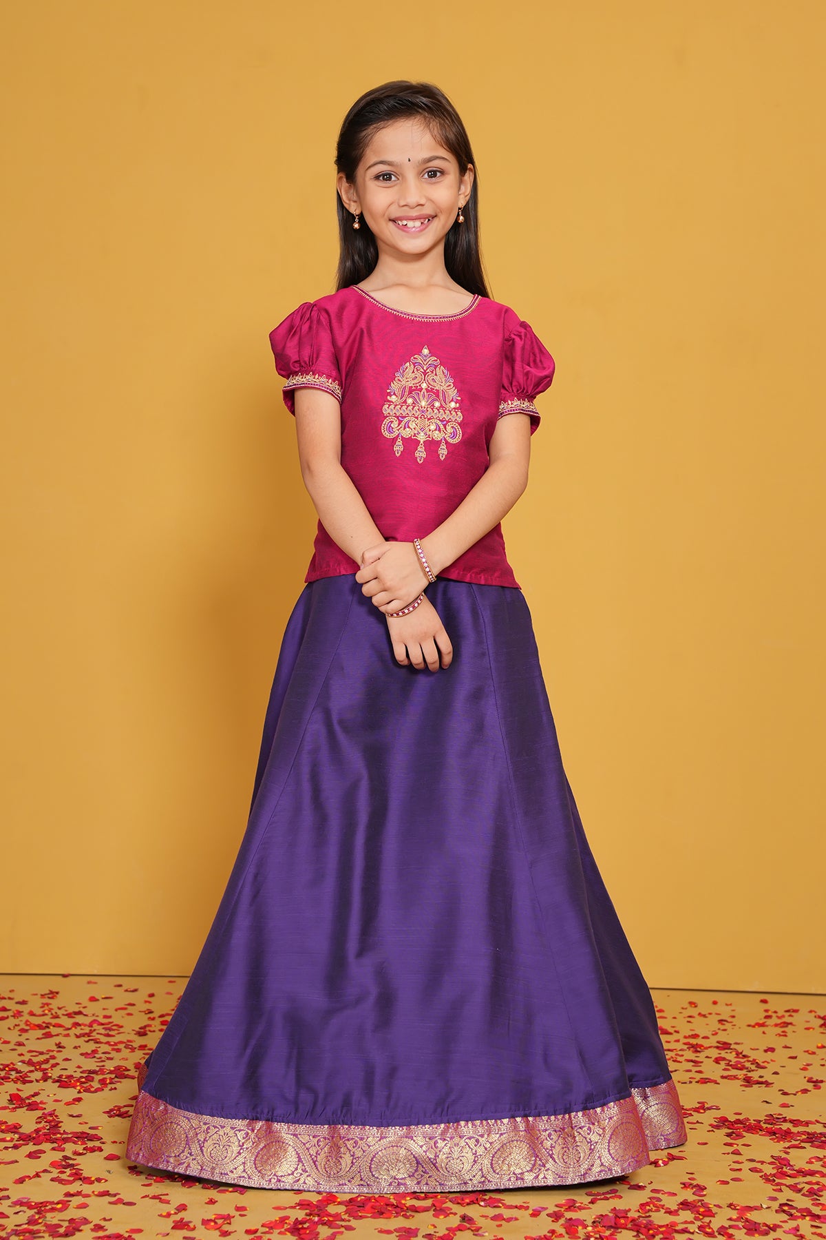 Bird Embroidered Kids Skirt set with Zari Border - Magenta & Purple
