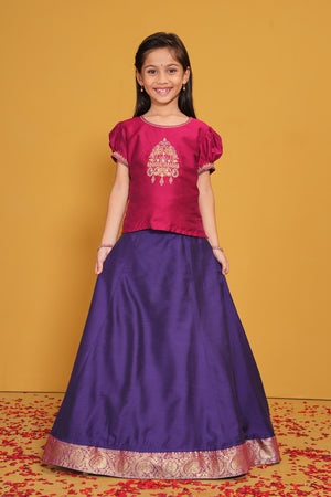 Bird Embroidered Kids Skirt set with Zari Border - Magenta & Purple
