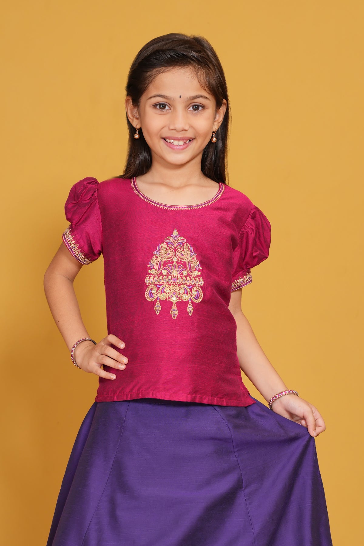 Bird Embroidered Kids Skirt set with Zari Border - Magenta & Purple
