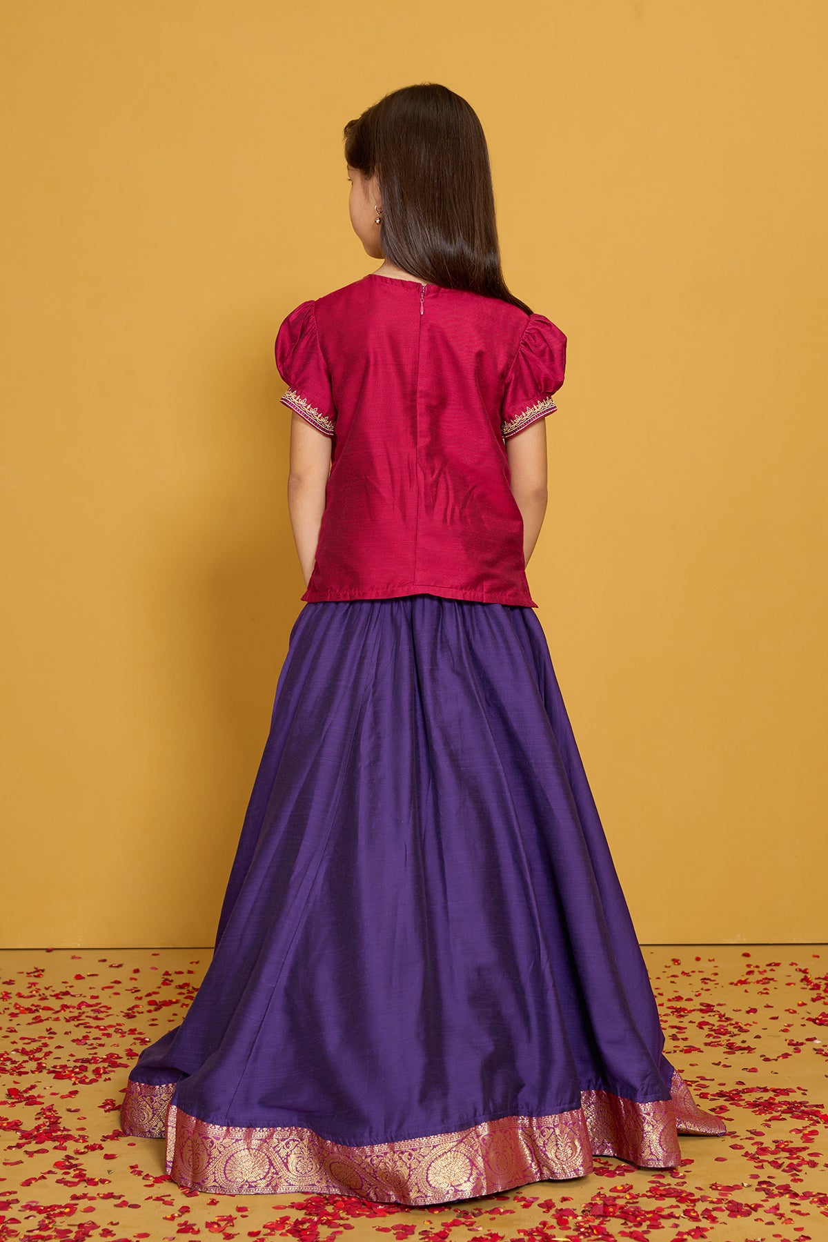 Bird Embroidered Kids Skirt set with Zari Border - Magenta & Purple
